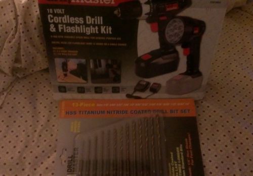 Drill master 18v cordless drill and flashlight kit w/13pc titanium drillbbit set for sale