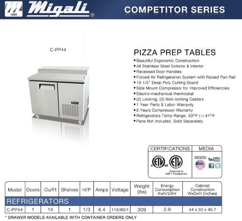 Migali single door 44&#034; pizza prep table c-pp44 - free shipping! for sale