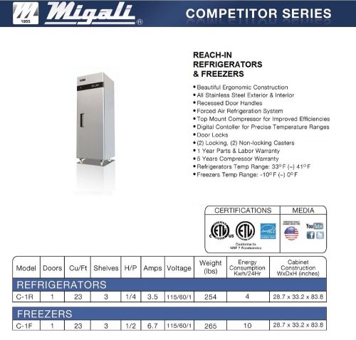 Migali Single Door Upright Reach-In Freezer C-1F - Free Shipping!!