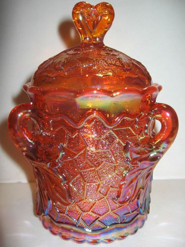 Marigold carnival glass maple leaf pattern Candy dish sugar bowl iridescent art