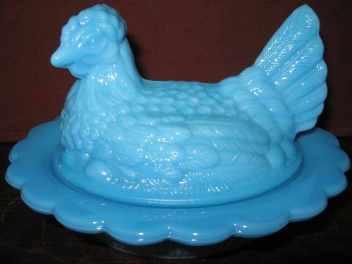 Blue milk glass hen chicken on nest basket candy dish rooster chick eggs opaque