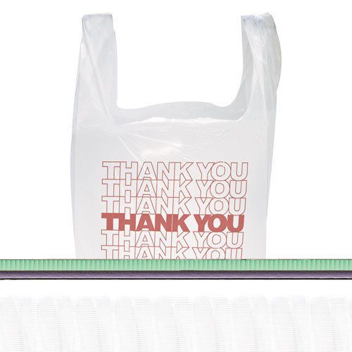 Inteplast &#034;thank you&#034; handled t-shirt bags 11.5 x 21 polyethylene wh 900/ct for sale