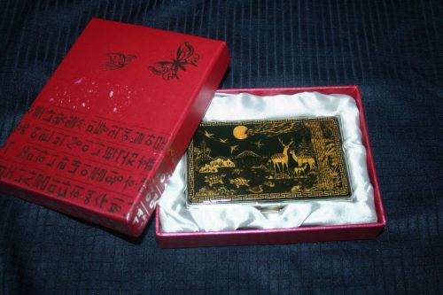 ASIAN  METAL CARD CASE LID INLAID MOTHER OF PEARL  ANIMALS  SCENE