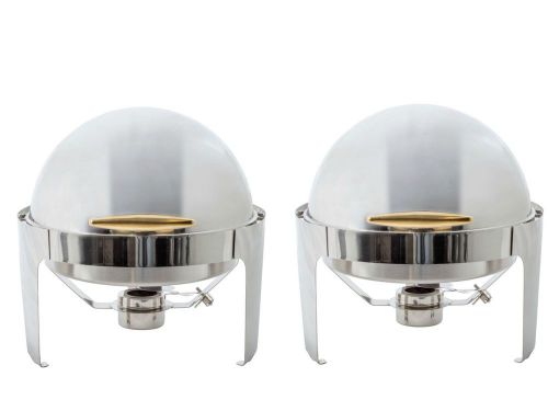 Set of 2 Supreme 6 1/2 Qt. Round Stainless Steel Roll Top Chafer with Gold Trim