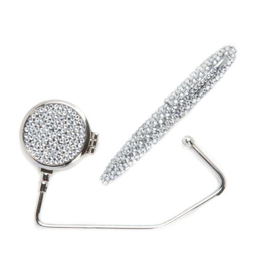 COMBO CLEAR CRYSTAL ROLLER BALL PEN &amp; MIRROR PURSE HOOK