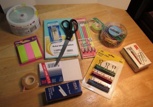 Mixed lot of new office supplies: cd=r, scissors, pencils, paper clips &amp; more for sale