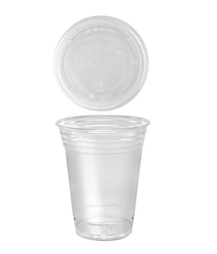 100 Sets 16 oz. Plastic CLEAR Cups with Flat Lids for Iced Coffee Bubble Boba...