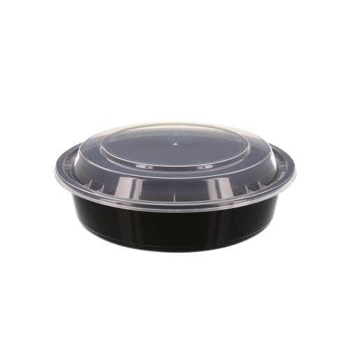 Tripak 24 oz, 7&#034; round black container with lid, pack of 50 for sale