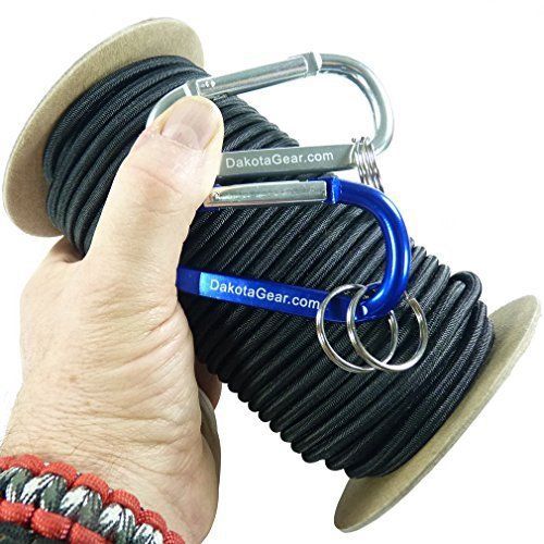 Shock Cord - BLACK 1/8&#034; x 100 ft. Spool. Marine Grade, with 2 Carabiners &amp; Knot