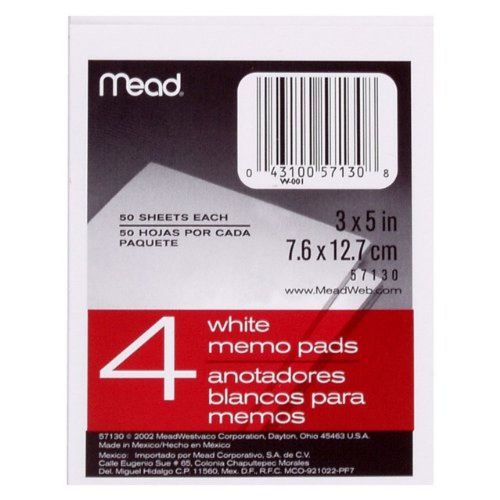 Mead White Memo Pad 50 Counts 4 Packs 3&#034; x 5&#034; 1