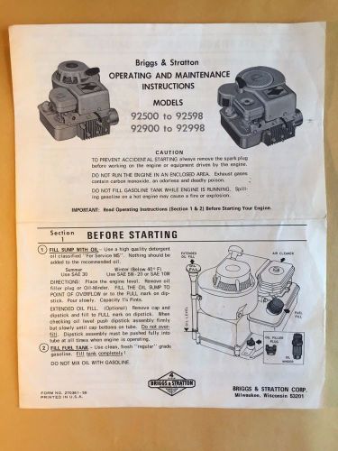 Briggs &amp; Stratton Operating and Maintenance Instructions, Models 92500-92598++