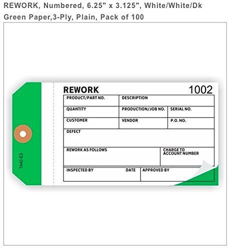 REWORK, Numbered, 6.25&#034; x 3.125&#034;, White/White/Dark Green Paper, 3-Ply em442e3dg