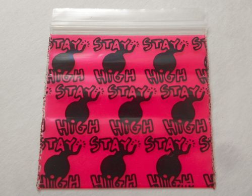 200 Pink/Black &#034;Stay High&#034; 2 x 2 (Small Plastic Baggies) 2020 Tiny Ziplock Bags