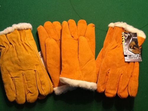 3 NEW PAIRS ALL LEATHER MEN LARGE WINTER FLEECE LINED WORK DRIVING WINTER GLOVES