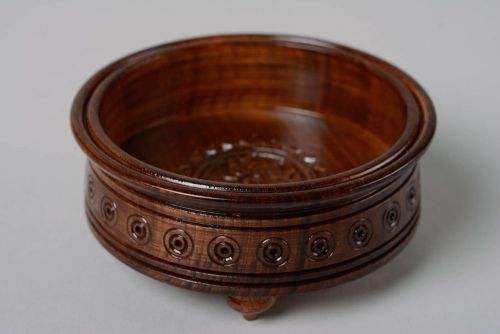 Handmade Round Varnished Wooden Candy Bowl Decorated With Carving With Legs