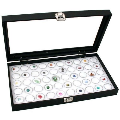 Glass Top Jewelry Display Case Box White 50 Gem Jars