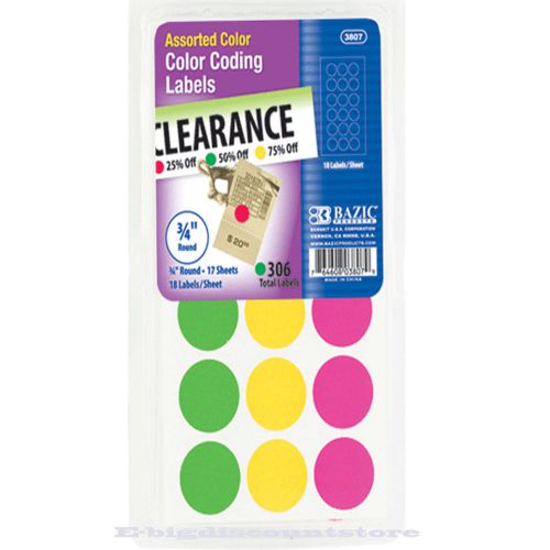 306 label/Pack Color Coding Labels Bazic 3807 Assorted Color Round Labels-DD