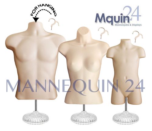 A set of 3 mannequins: flesh male, female &amp; child torsos +3 stands + 3 hangers for sale