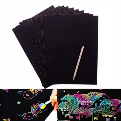 New 10 Sheets A4 Colorful Magic Scratch Art Painting Paper With Drawing Stick