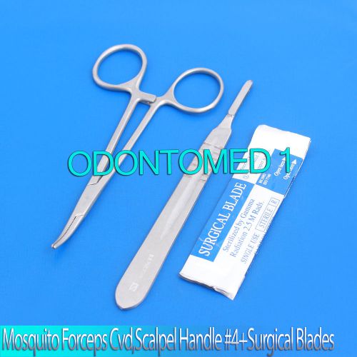 MOSQUITO HEMOSTAT FORCEPS 5&#034; CURVED +SCALPEL HANDLE #4+5 SURGICAL BLADES #23