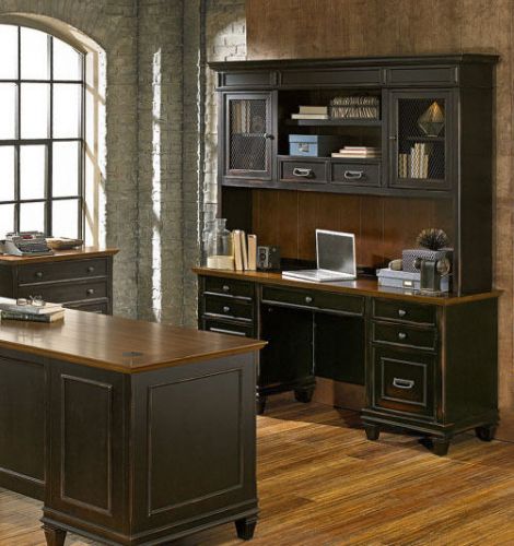 Two piece black &amp; maple traditional office computer credenza with file hutch for sale