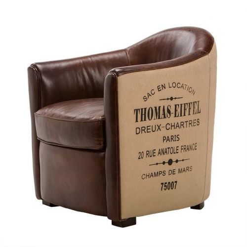 Stunning Brown Cigar Distressed Leather Club Chair W/Script  Burlap Back/Sides