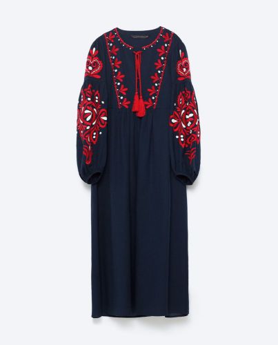 ZARA NEW A/W 2016 NAVY FLORAL TASSELED EMBROIDERED LONG DRESS/REF 6895/253 NEW!