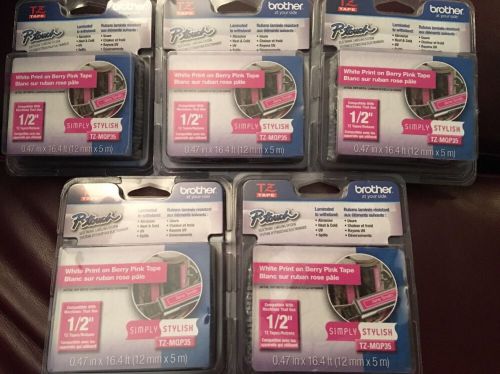 Genuine Brother P-Touch TZ-MQP35 Label Tape 1/2&#034; White On Berry Pink Lot Of 5