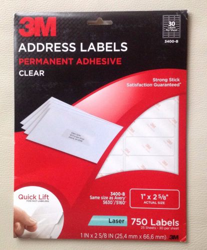 New 750 Clear 3M Permanent Adhesive 3400-B Address Labels 1&#034; x 2 5/8&#034; 5160 5360