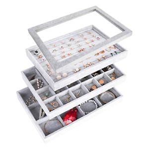 AUTOARK Ice Velvet Stackable Jewelry Tray Showcase Display Organizer,Glass Lid