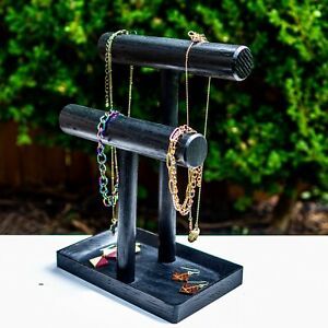 Sleek Black Oak Jewelry Stand. Organize &amp; Display Necklaces, Bracelets &amp; Watches
