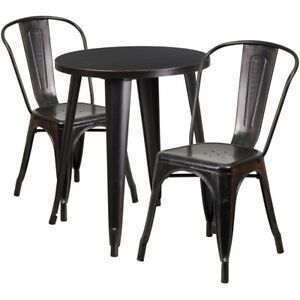 24&#039;&#039; Round Black-Antique Gold Metal Indoor-Outdoor Table Set with 2 Cafe Chairs