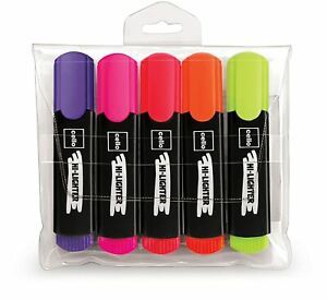 Cello Hi-lighter Pack of 5, Vivid Colors - Yellow, Pink, Peach, Orange ,PurpLE