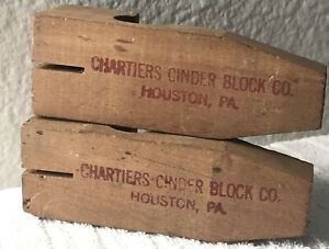 Vintage Wood Line Block Pair Old Masonry Tool Brick Antique Chartiers Houston PA