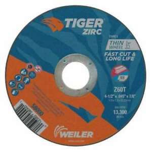 Weiler Tiger Zirc Thin Cutting Wheel, 4-1/2 in dia, 0.045 in Thick, 7/8 in