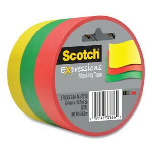 SCOTCH 3437-3PRM Expressions Masking Tape, 3&#034; Core, 0.94&#034;x20yd, Red, Green,