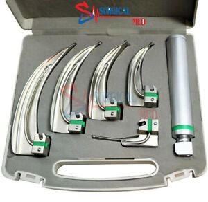 FIBER OPTIC Laryngoscope Mac Set of 5 BLADE &amp; HANDLES EMT Anesthesia