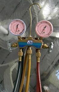 SUPERB JB INDUSTRIES 3 VALVE HVAC CHARGING MANIFOLD GAUGE W/ HOSE SET, VERY NICE