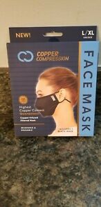 Copper Compression Black Reusable Face Mask Sz L/XL Copper Infused Filtered Mask