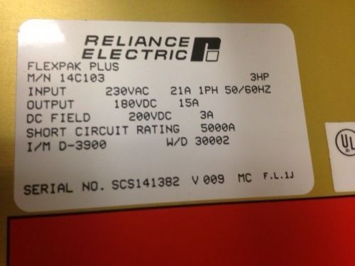 Reliance electric flexpak plus m/n: 14c103 3hp drive 240volt for sale
