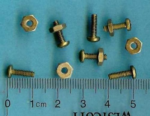 6 x solid brass (appox) 2mm x 10mm threaded pan-head screw with hex nut sets for sale
