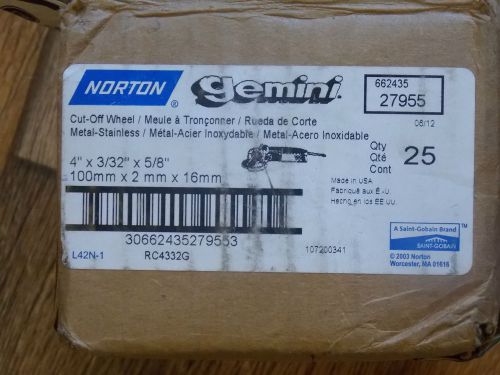 25 norton cut off wheels, 4&#034; x 3/32&#034; x 5/8&#034; # 662435 27955 metal-stainless new for sale