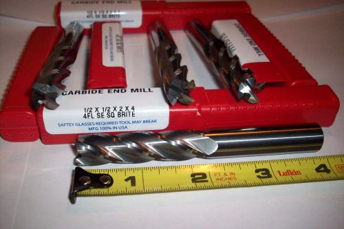 1/2 CARBIDE 4 FLUTE ENDMILL  4 Inch Long w 2 Inch Cut End Mill LOT OF 4