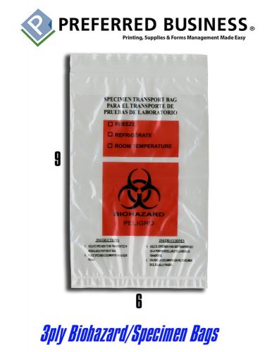 Biohazard Specimen Bags 3ply 6x9 zip lock printed bi-lingual eng/span 2mil 100pk