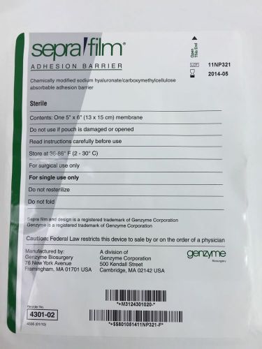 Genzyme 4301-02 SepraFilm Adhesion Barrier 5” x 6” membrane ~ Lot of 6