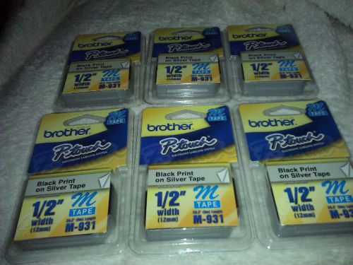(6) Brother P-touch Labeling Tape M-931 1/2 in width labels Black on Silver