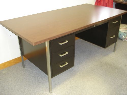 Vintage steelcase metal desk with walnut forimca top &amp; 6 drawers - 3 available for sale