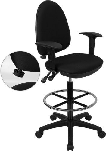 Mid-back black fabric multi-functional adjustable drafting stool with arms for sale