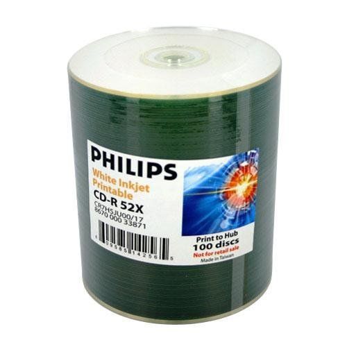 Philips CR7H5JU00/17 CD-R 52X 700MB /80Min White Inkjet Hub Printable 100pk #