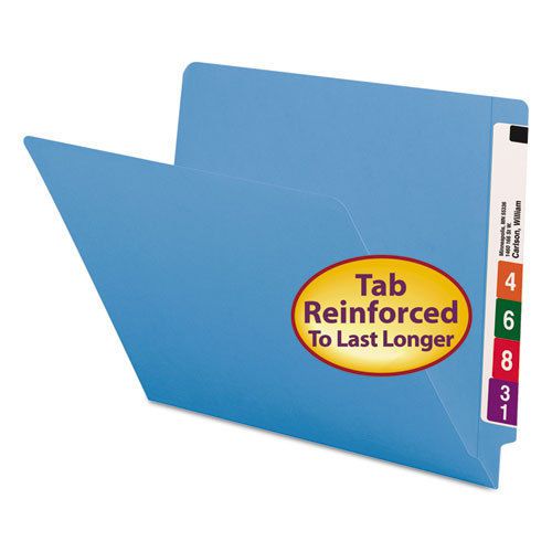 Colored file folders, straight cut, reinforced end tab, letter, blue, 100/box for sale
